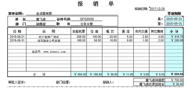 差旅费报销单填写样本(Excel模板)